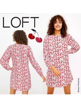 LOFT Cherry Print Balloon Sleeve Swing Dress (M)